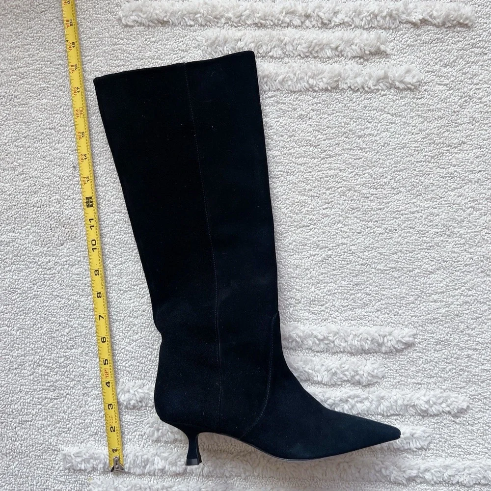 Stuart Weitzman Vinnie 50 Pointed Toe Knee High Boots Black Suede Pull On US 6